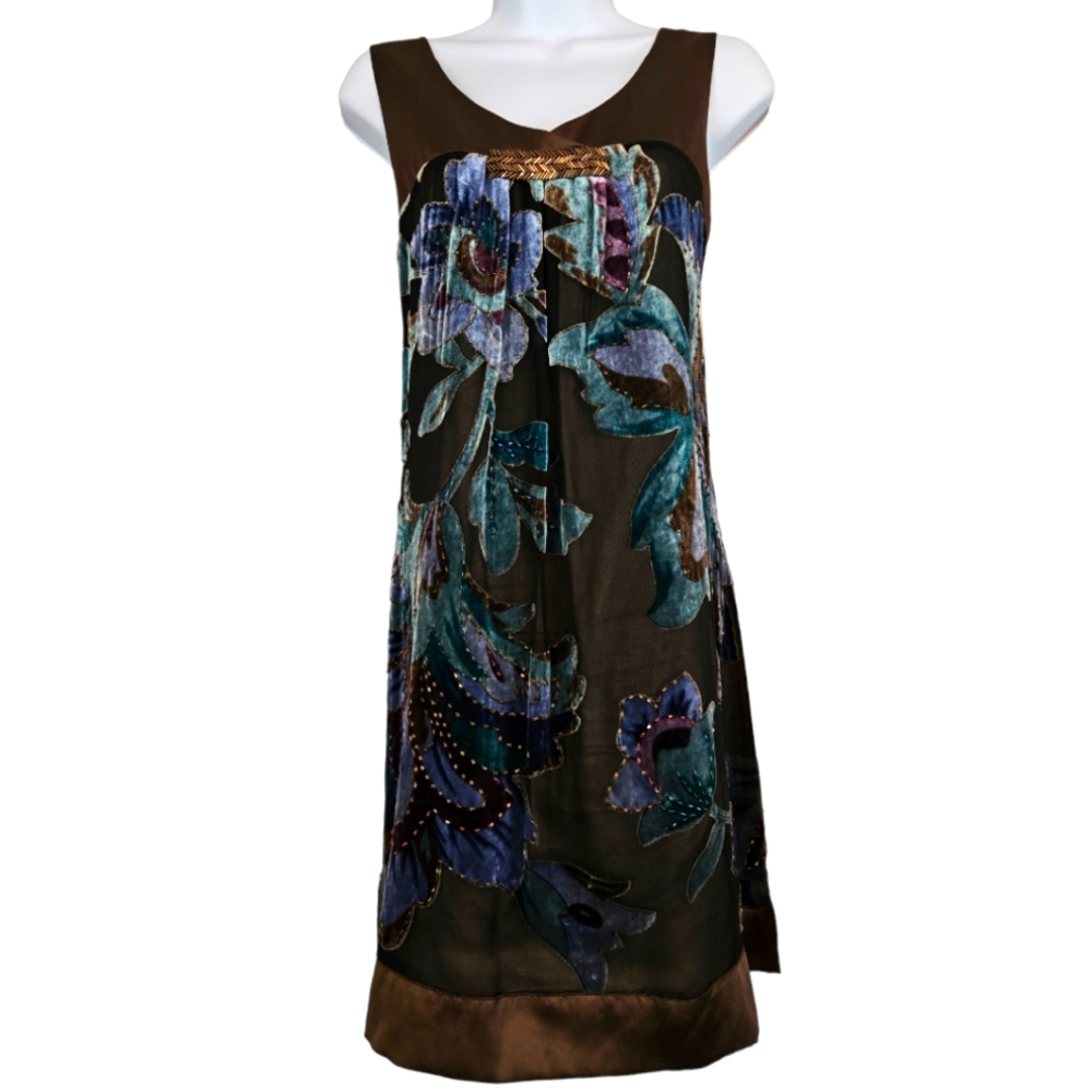 Hale Bob brown pink blue floral silk velvet beaded dress Womens Large